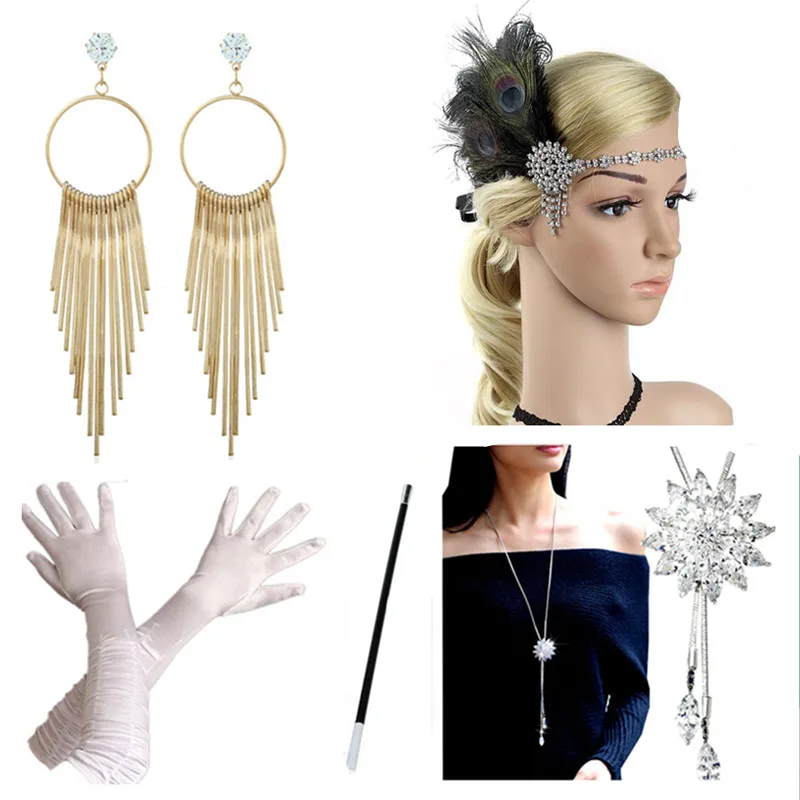 1920 Phụ Nữ Của GATSBY Vĩ Đại Flapper Trang Phục Bông Tai Lông Vũ Mũ Trụ Bộ Cosplay Phụ Kiện Đầu Bộ Gangster Cô Gái