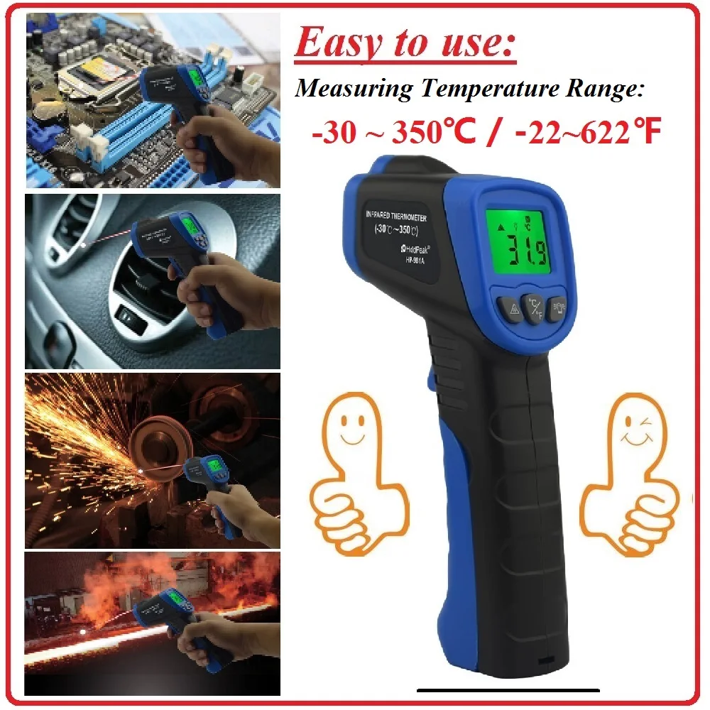 -30~350'C /-22~662'F HoldPeak HP-981A Infrared Thermometer Professional Non-contact Temperature Tester IR C/F Temperature Laser