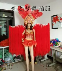 Red Spanish Dress Feather Samba Carnival Costumes Wings Women Opening Dance Stage Performance Show Include Hat