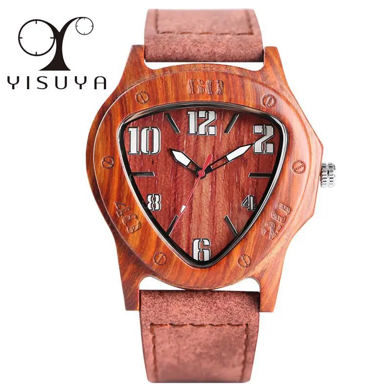 YISUYA Mens Watches Creative Inverted Geometric Triangle Shaped Big Numbers Dial Wood Clock Male Genuine Leather Reloj de madera