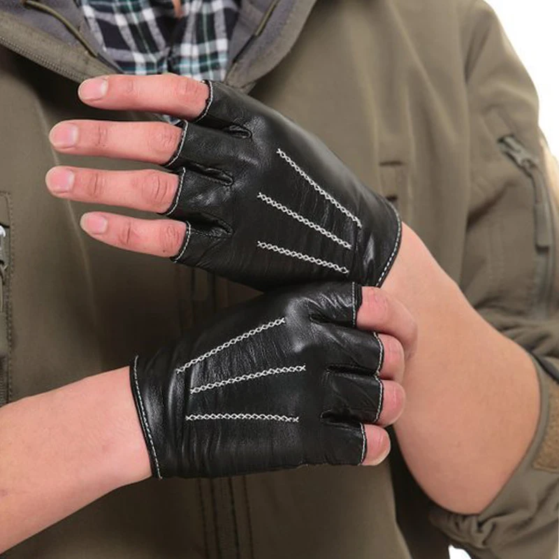 Men Driving Gloves, Leather Gloves Nappa Leather Half Finger Fingerless Gloves Sheepskin Gloves 3 lines Free Shipping