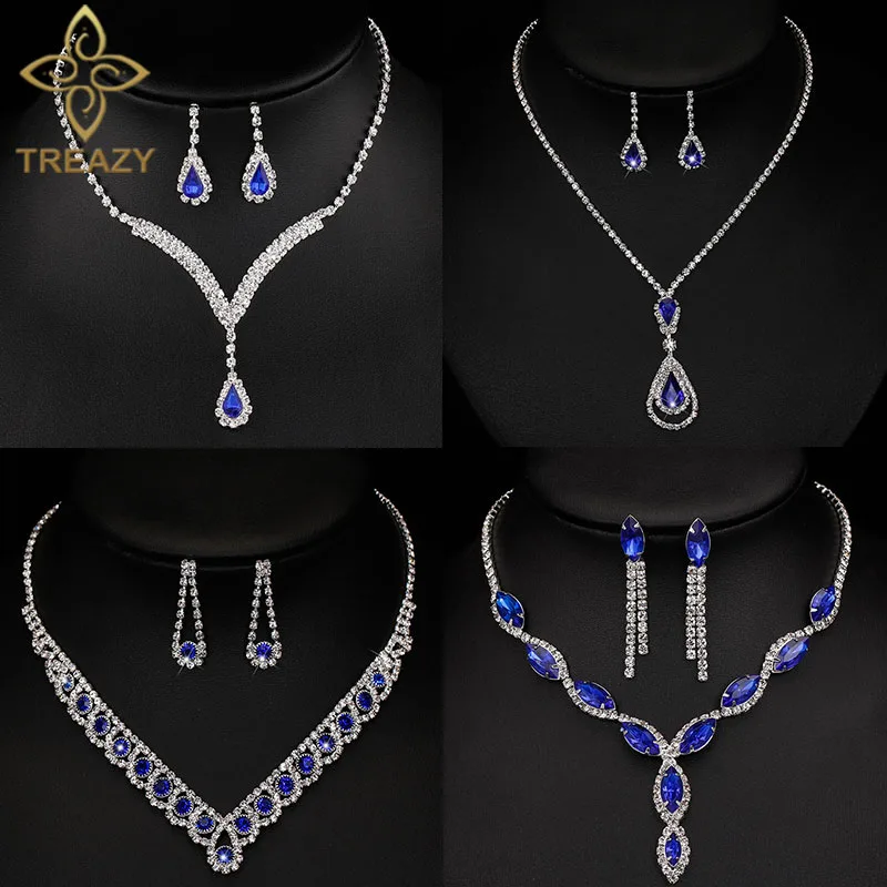 TREAZY Royal Blue Crystal Bridal Jewelry Sets Silver Plated Rhinestone Necklace Earrings Set for Women Prom Wedding Jewelry Sets