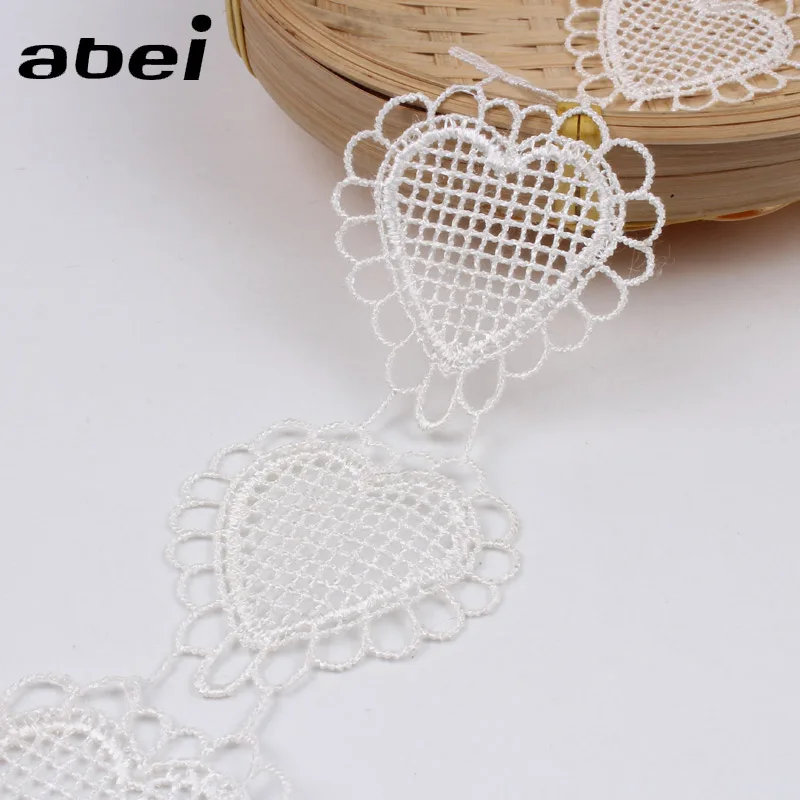 2yards/lot Soluble White Heart Lace Ribbon Embroidered lace tape DIY Sewing Fabric trims African lace appliques