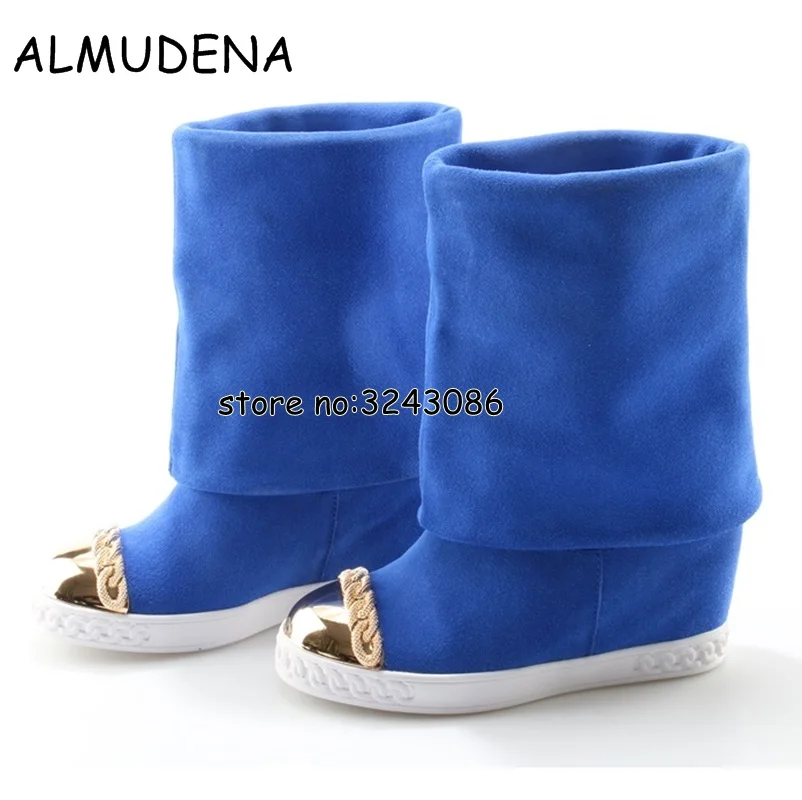 Street Style Lady Metal Golden Chains Hidden Wedge Platform Knee High Boots Slip-on Fashion Woman Fold Over Suede Boots Shoes