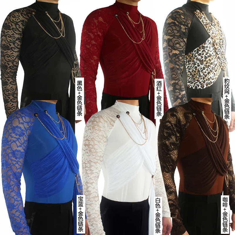 Latin Dance Shirts Men Lace Print Long Sleeve High Collar Male Competition Performance Dancing Top Cha Cha Rumba Samba DNV11331