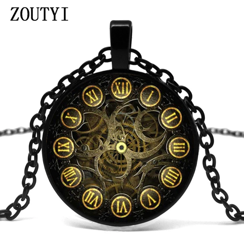 2018/Steam Punk Clock Photo Glass Pendant Punk Necklace Men's Women's Round Pendant Vintage Necklace.