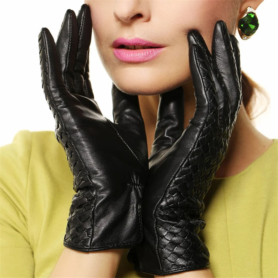 High-end Sheepskin Gloves Women Winter Real Genuine Leather Solid Fashion Wrist Weave Driving Free Shipping L118NN