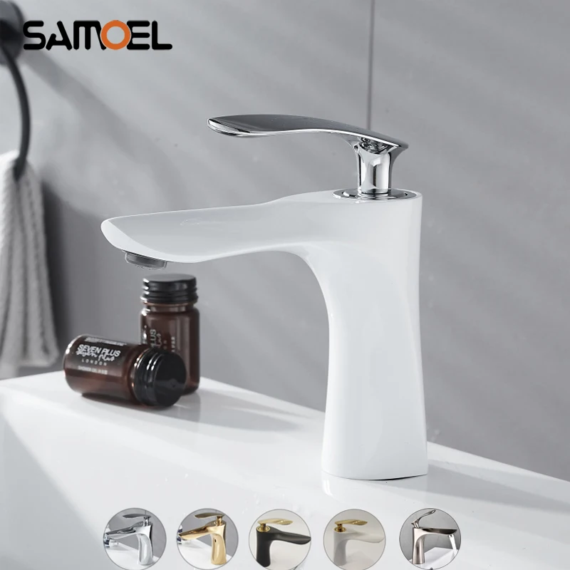

Samoel Modern Northern Europe White Gold Faucets Mixer Taps for Bathroom Deck Mount Basin Sink Water Tap W3040