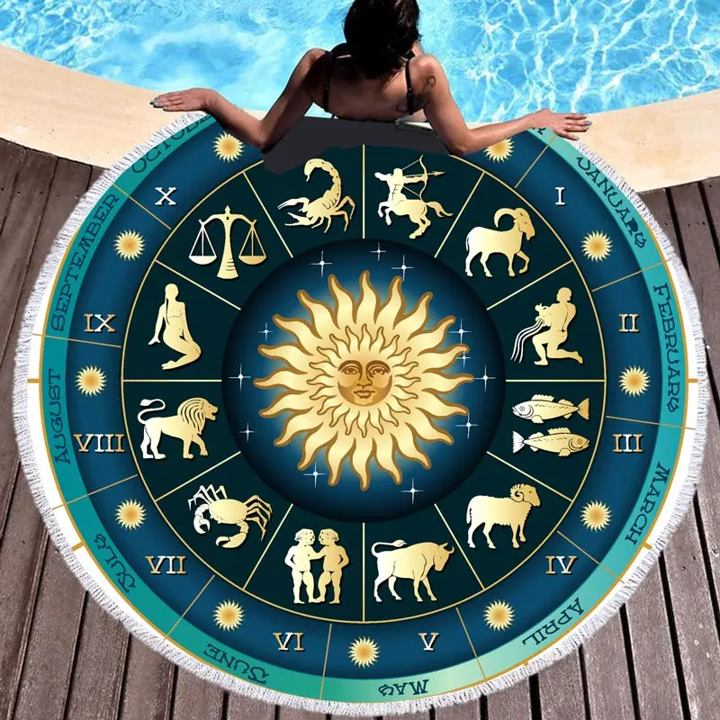 

Twelve Constellations Printed Round Beach Towels Astrology Microfiber Bath Towel for Women TAROT Thick Blanket Picnic Mat Tassel