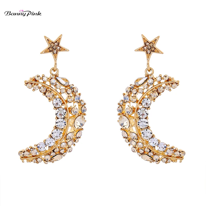 Banny Pink Bling Bling Full Rhinestone Crescent Stud Earrings For Women Party Star Moon Statement Post Earring Half Moon Earring