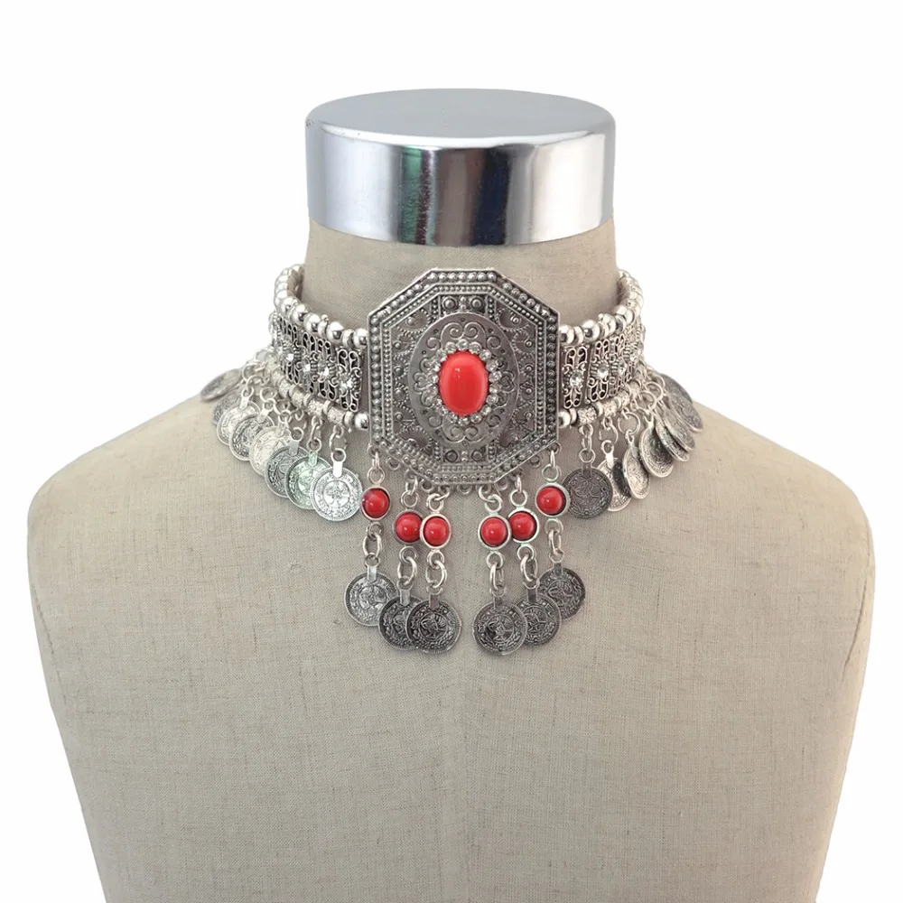 Gypsy Turkish Boho Antique Red Green Stone Choker Necklace with Coin Tassel Ethnic Coin Statement Necklace Vintage Jewelry Gift