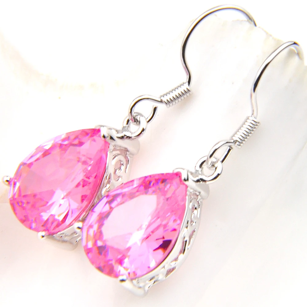 Promotion Jewelry Fire Pear shape Amazing Pink Created Stone Crystal Silver Plated Wedding Drop Earrings USA Australia Earrings