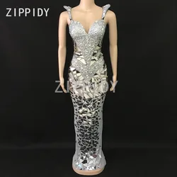 Sparkly Silver Rhinestones Sequins Mesh Long Dress Women's Birthday Celebrate Outfit Nightclub Female Singer Sexy Stage Dress