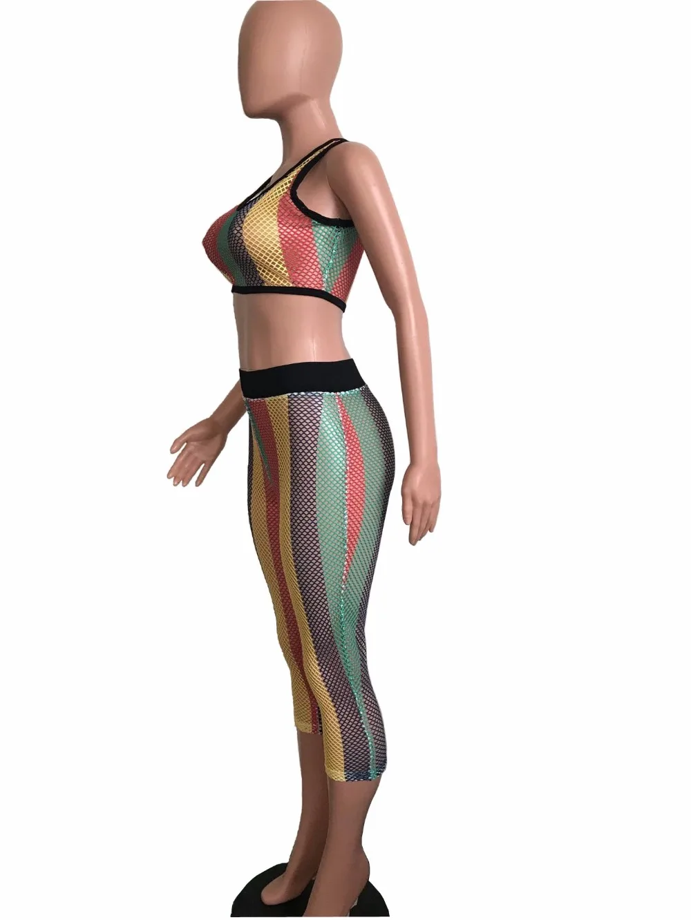 BKLD 2024 Summer Beach Sheer Mesh Two Piece Set Women Sexy Colorful Striped Sleeveless Crop Tops And Pants Sets Bodycon Clubwear