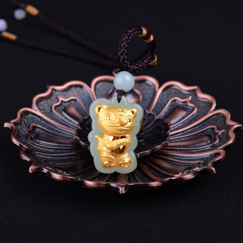 FNJ 1 piece 24K Gold Mosaic Pendant Natural Hetian Jade with certificate box Dragon Rabbit Horse Snake Ox Goat Monkey Necklace