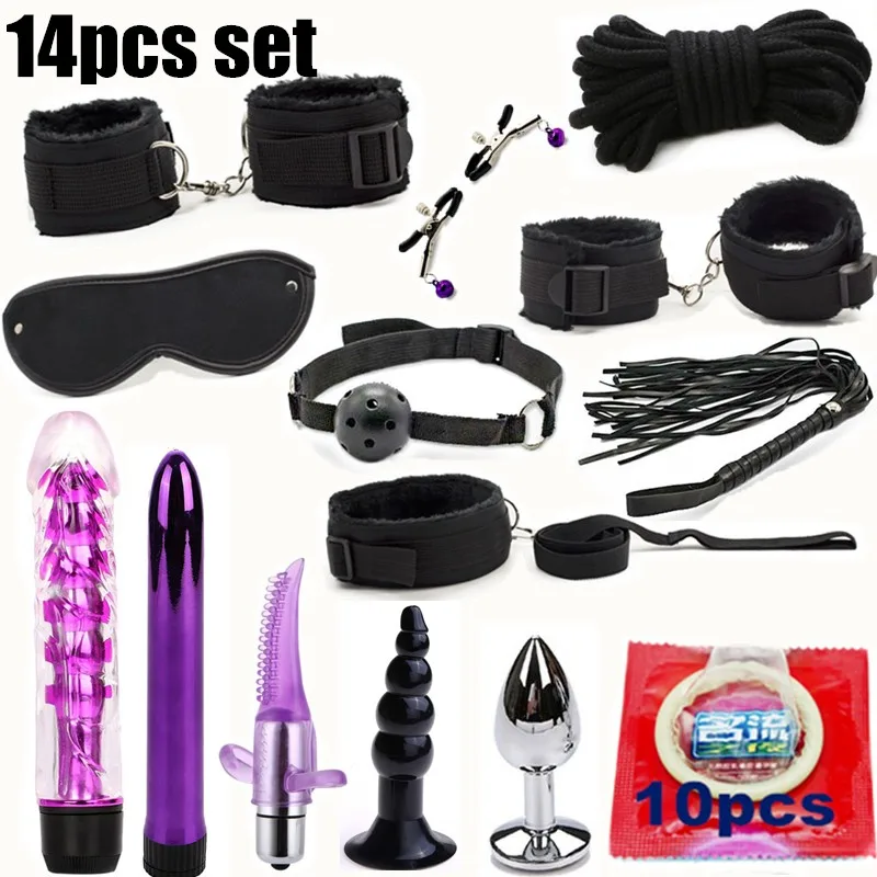 

14pcs Sex Toys for Women Men Handcuffs Nipple Clamps Whip Spanking Sex Silicone Metal Anal Plug Butt Bdsm Vibrator Bondage Set