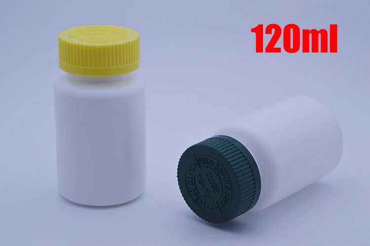 100pcs 120ml White Child-proof HDPE Bottles,Capsules/Pills/Powder/Vitamin Plastic Bottles with Green/Yellow Push to Unscrew Caps