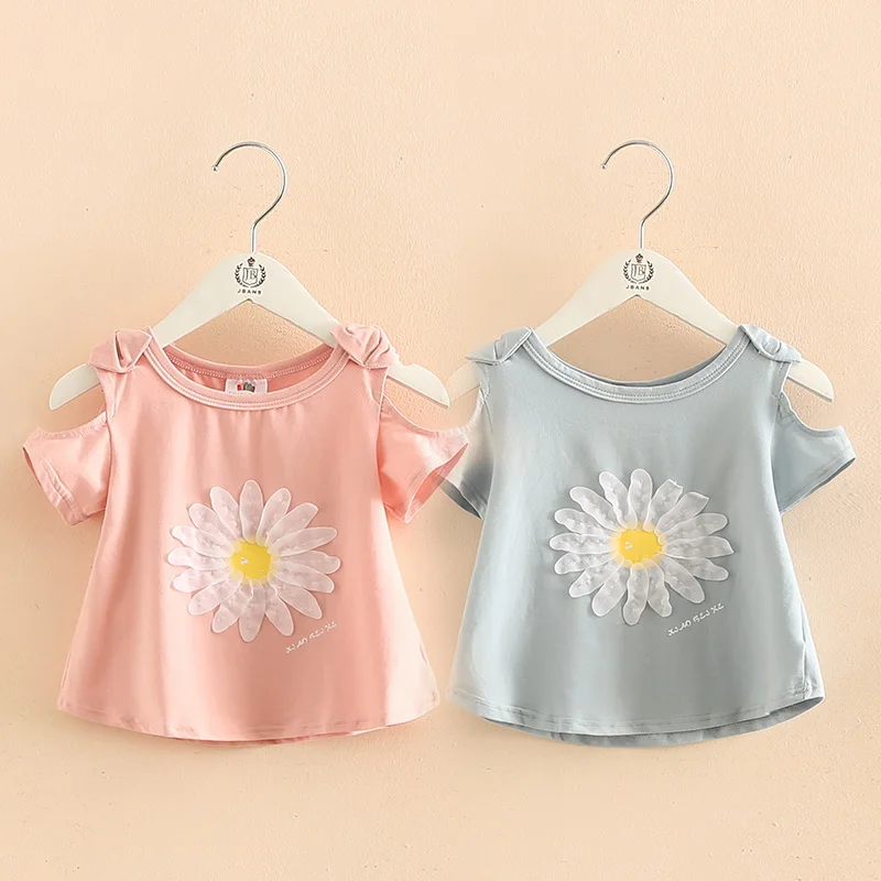 2023 Summer New Design 2 3 4 5 6 8 10 Years Cotton Short Sleeve O-Neck Strapless Off-Shoulder Floral Cute Kids Baby Girl T-Shirt