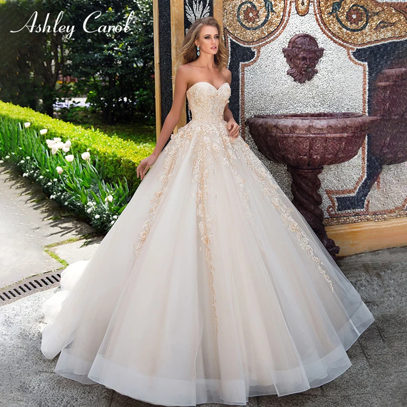 Ashley Carol Sexy Sweetheart Strapless Vintage Wedding Dress 2022 Floral Lace Up Court Train Dress Bride Princess Wedding Gowns