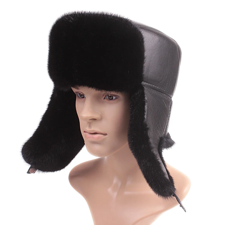 

Winter hat Natural fur men real mink fur hats fur protect ear warm enough russian Genuine Leather bomber hat