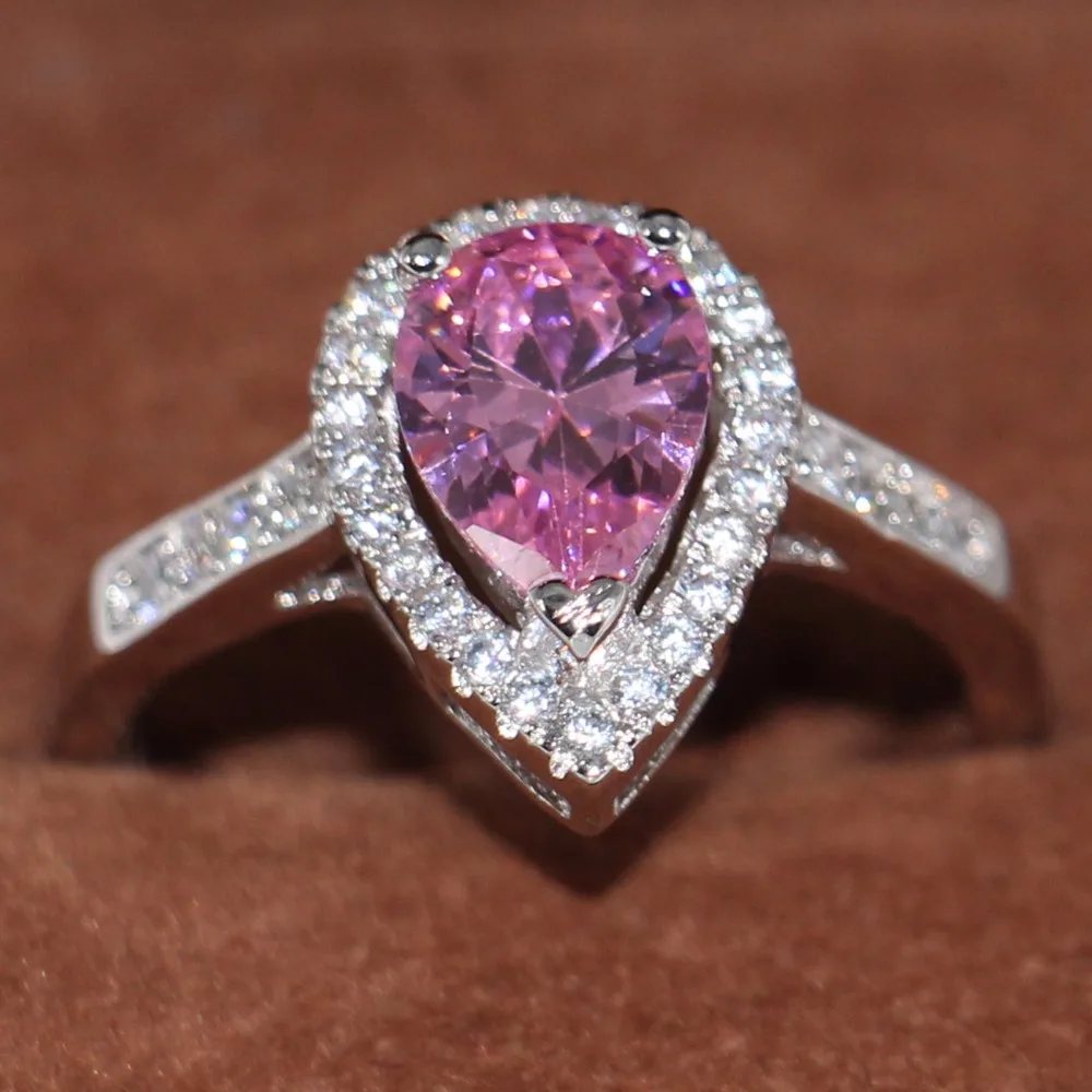 حجم 5-11 تألق مجوهرات الأزياء جودة عالية 925 فضة شغل الكمثرى قطع 5A الوردي زركونيا تشيكوسلوفاكيا النساء خاتم الزواج #4