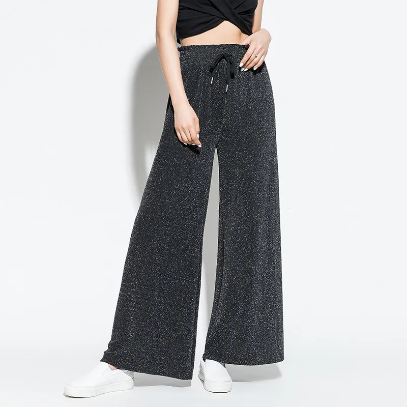 

black reflective Broad legged trousers fem me women beach bohemian office work casual pants full length 2019 summer plus size