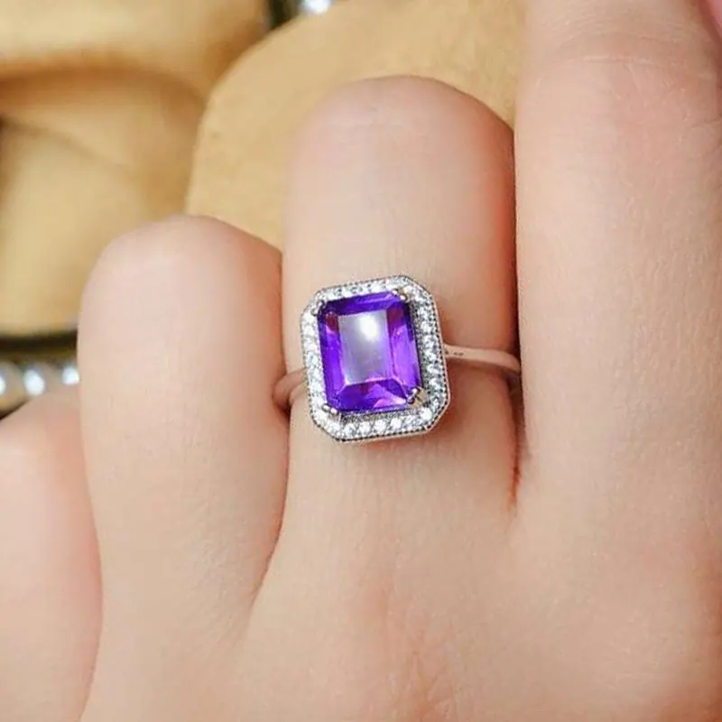 CoLife Jewelry Silver Amethyst Ring for Office Woman Natural Emerald Cut Amethyst Silver Ring Sterling Silver Amethyst Jewelry