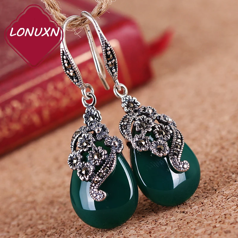 

famous brand Natural semi-precious stones 925 Sterling silver earrings flowers green Opal Chalcedony Retro Women jewelry