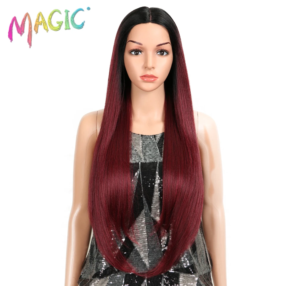 Magic Synthetic Lace Wig High Temperature Fiber Hair For Women Ombre Dark Roots To Red Color Hand Tied Straight Type Hair