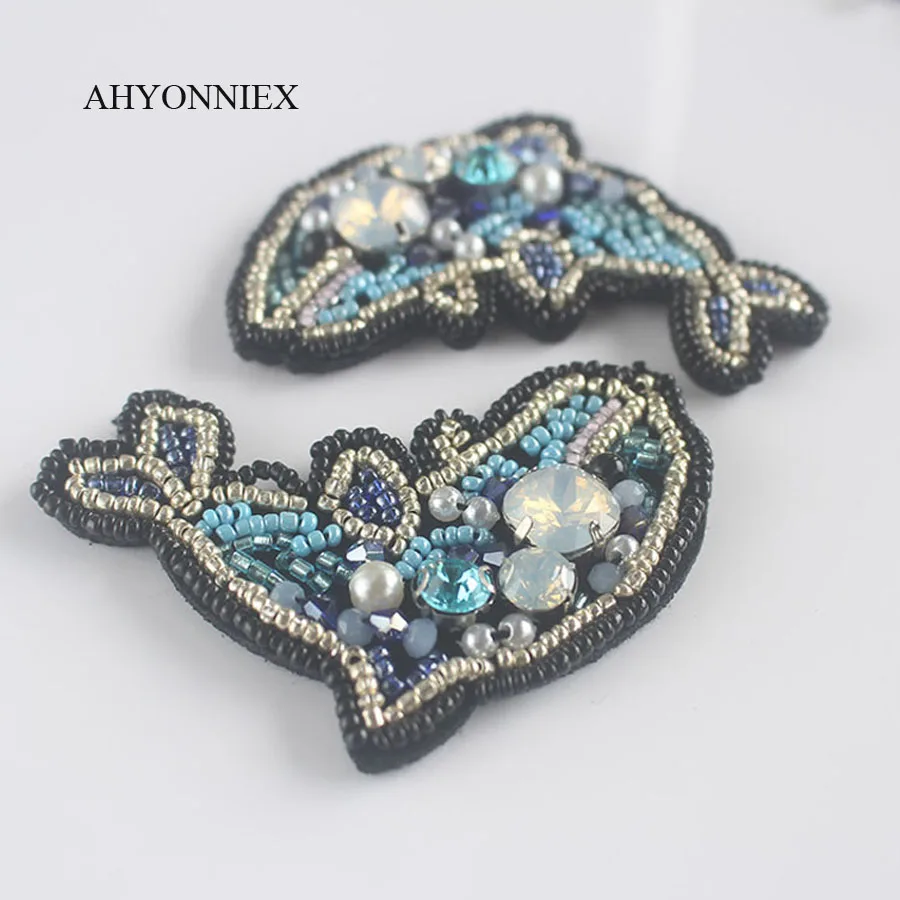 AHYONNIEX Dolphin Fish Patch for Clothes Sew on Rhinestone Beaded Applique for Jackets Jeans Bags Beaded Applique