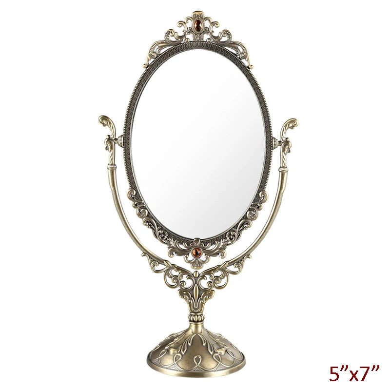 European Antique Brass Pewter With Amber Stones Jeweled 5x7 inches Double-sided x1 Metal Tabletop Swing Cosmetic Mirror Silver