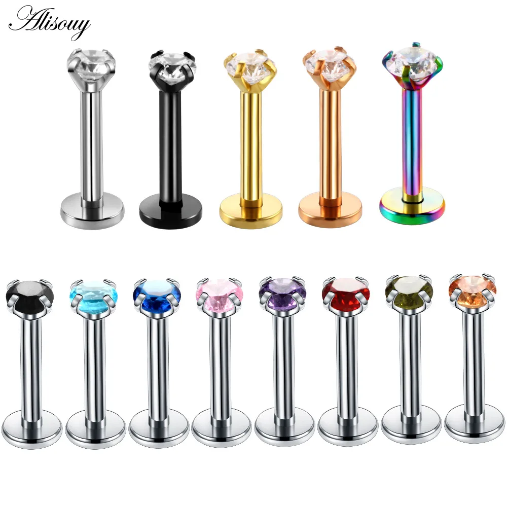 Alisouy 1PC Surgical Steel Assorted Colors Zircon Labret Stud Lip Piercing Ear Cartilage Tragus Helix Ring Charming Jewelry