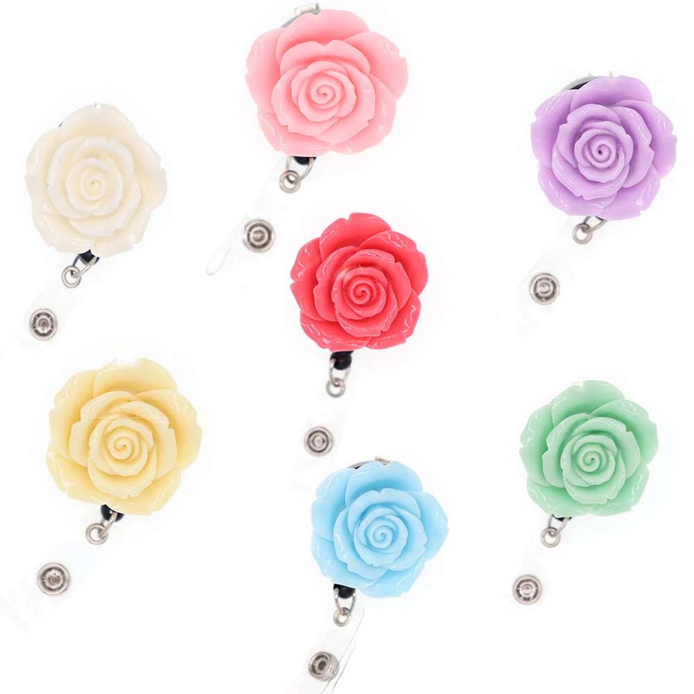 

50pcs/45mm Multiple Color Rose Flower Resin Flower Retractable RN ID Badge Holder Student ID Badge Reel Name Badge Clip