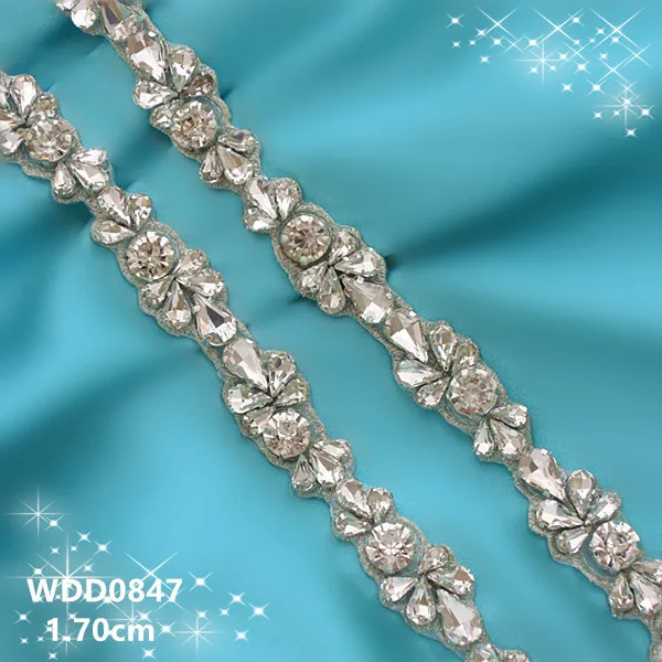 (10 YARDS )Wholesale bridal hand beaded silver crystal rhinestone applique trim iron on for wedding dresses  WDD0847