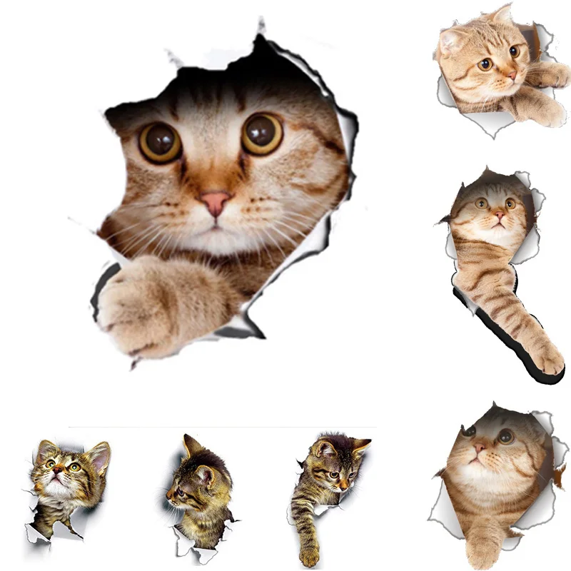 

Cute Cats Wall Sticker Hole View Vivid Dogs Bathroom 3D Toilet Stickers For Home Decoration Animals Decals Self-adhesive Poster