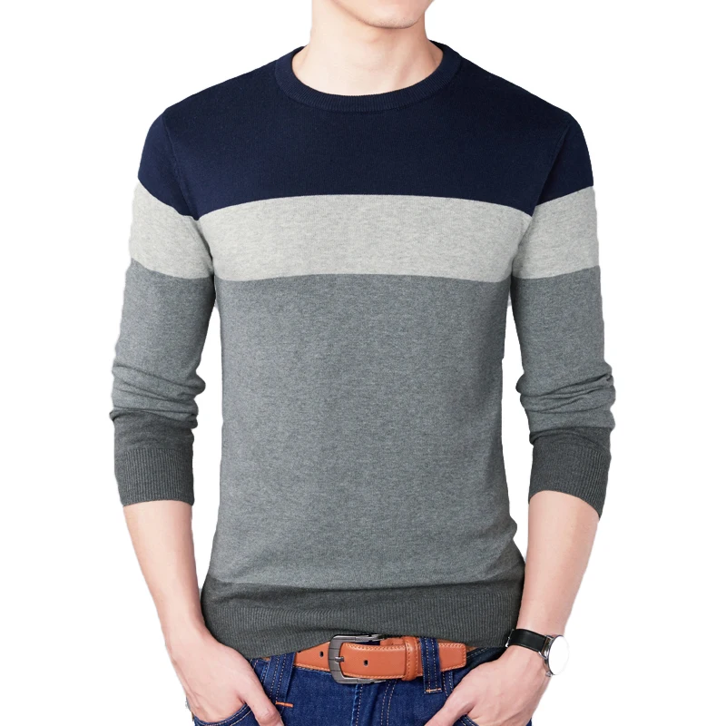 Suéter informal de marca de moda para hombre, Jersey ajustado a rayas con cuello redondo, prendas de punto de Color de contraste, Otoño, 2024