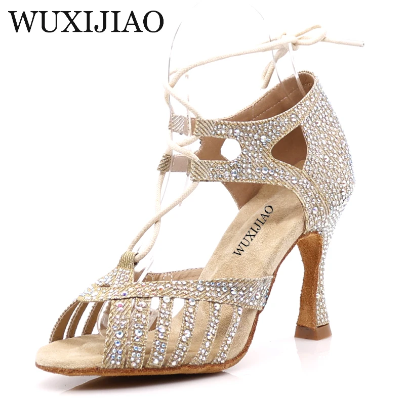 WUXIJIAONew Red and Glod Flash Cloth Salsa Dance Shoes Soft Bottom Latin Kizomba Tango Ballroom Dance Shoes Heel 6/7.5/8.5/10cm