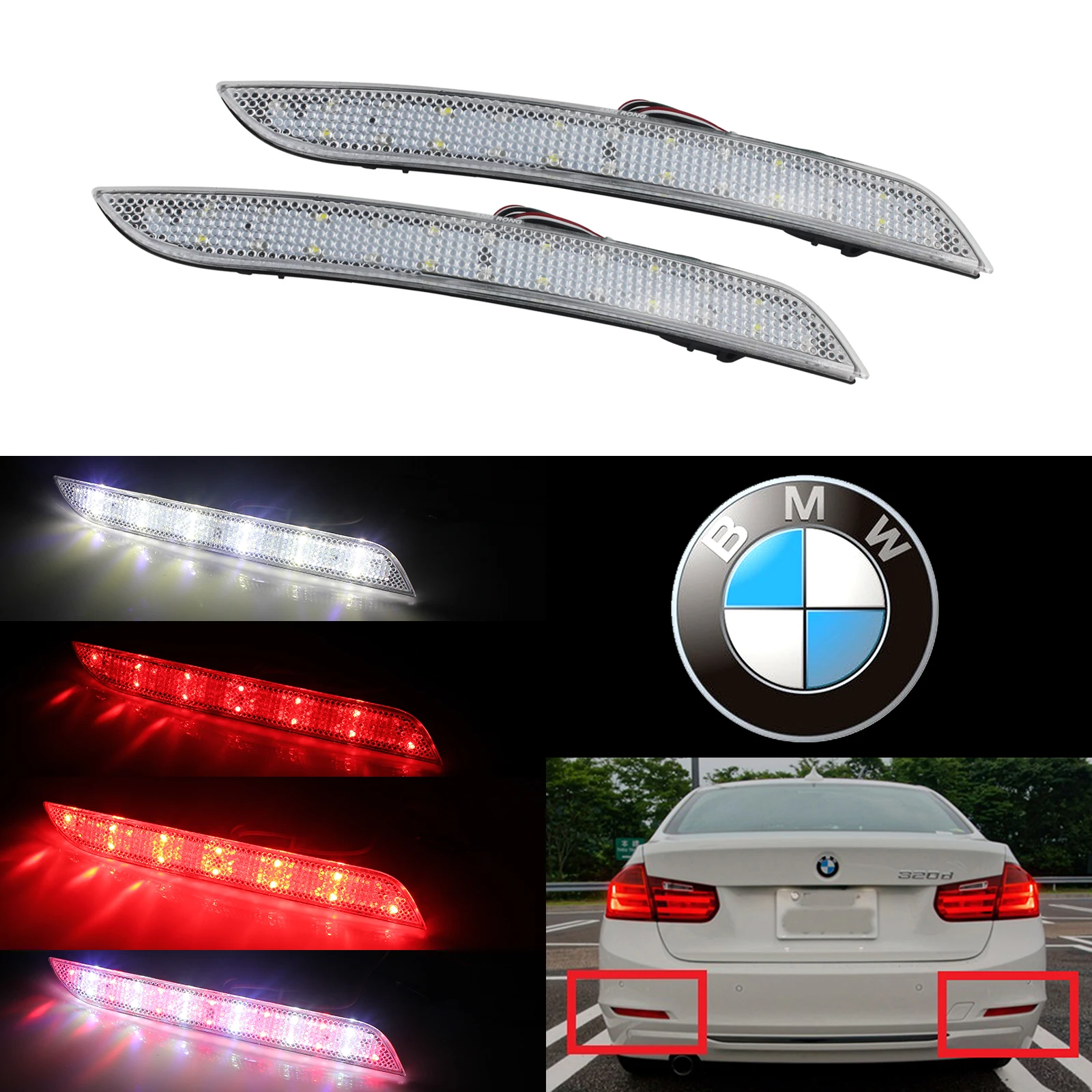 ANGRONG 2x LED Rear Bumper Reflector Stop Light Lamp Clear Lens For BMW F30 F31 F32 F34 F35 F36