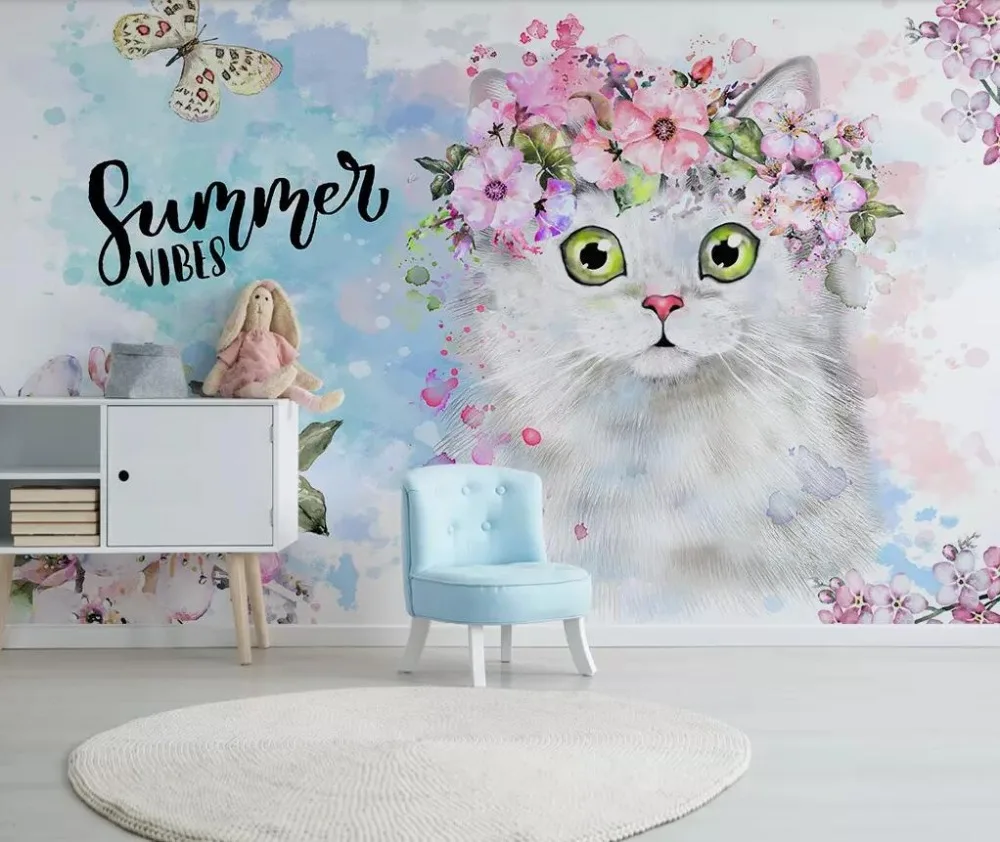 

Nordic contracted flowers kitten children room decoration background wall