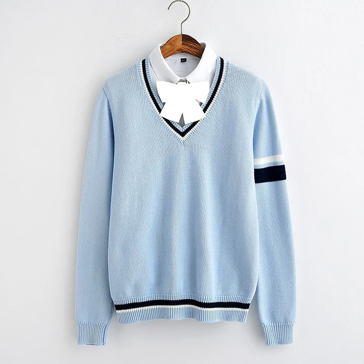 JK Loose size sweater Cute soft sweet water blue color mild Aqua blue Single sleeves two bars Sky blue stripe sweater