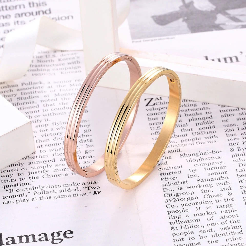 New Women Charm Bracelet Stainless Steel Rose Gold Color Unique Three Sides Round Bracelets & Bangles Wedding Brand Jewelry