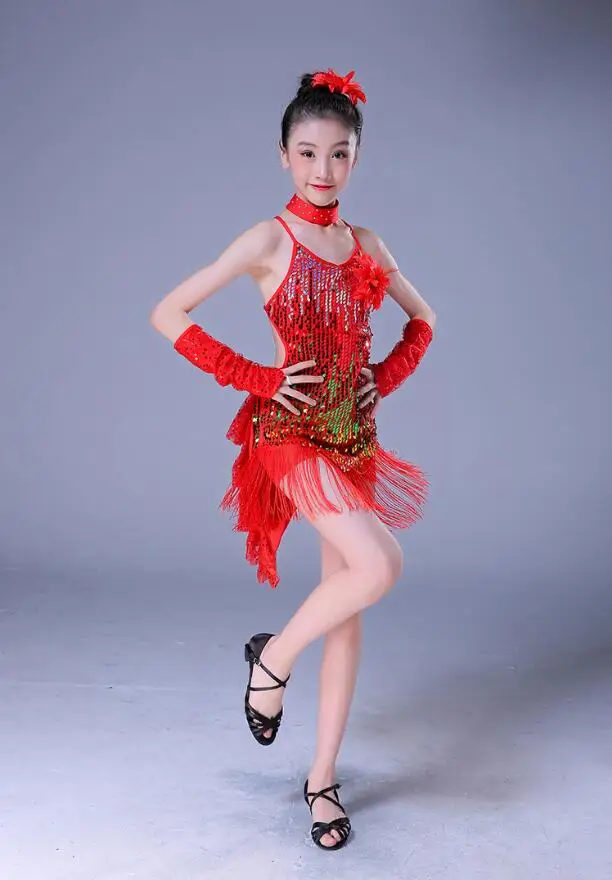 child kid children professional latin dance dress for girls ballroom dancing dresses for kids red sequin fringe salsa tassel