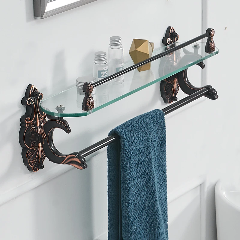 Bathroom Shelves Brass Shelves for bathroom Tempered Glass Shelf Towel Rack Shower Wall Shelf Bathroom Accessories WF-88815