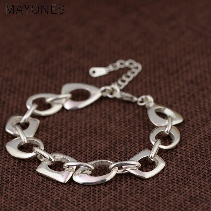 Real 925 Silver Link Chain Bracelet 17.5cm +5cm Geometric 13mm Width 100% Original S925 Thai Silver Big Bracelets for Women