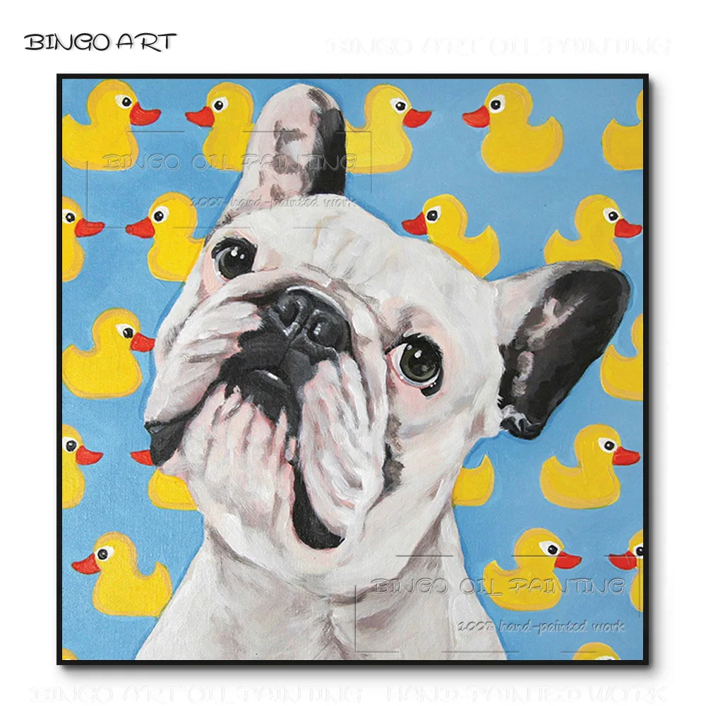 

New Arrivals Hand-painted Animals France Bull Dog and Yellow Duck Oil Painting on Canvas Funny Animal Picture Dog Oil Painting