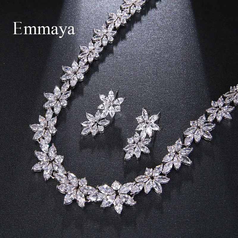 Emmaya Elegant Luxury White AAA Zircon Crystal Flowers Pretty Wedding Necklace Earrings Set For Women Dinner Dress Jewelry Set