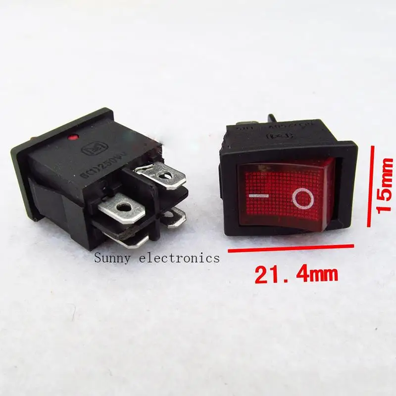 10pcs/lot  4Pin 5A 250V Red LED illuminated Button Rocker Switch On - On Import Rocker Power Switches