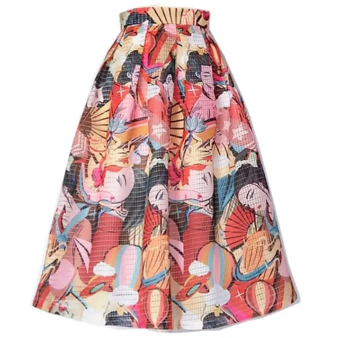 

spring fashion high waist zipper women vintage mid calf printed skirt