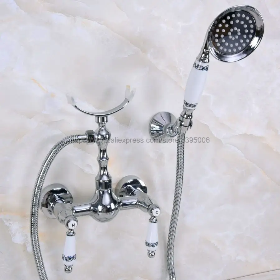 

Chrome Wall Mounted Bathroom Faucet Bath Tub Mixer Tap With Ceramic Handle Hand Shower Head Shower Faucet Sets Bna265