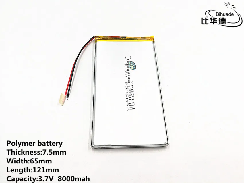 1 sztuk/partia Good Qulity 3.7 V, 8000 mAH, 7565121 polimerowy akumulator litowo-jonowy/litowo-jonowy do TOY, POWER BANK, GPS, mp3, mp4